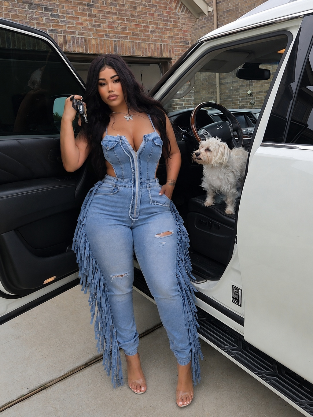 Light Blue Fringe Cutout Denim Jumpsuit