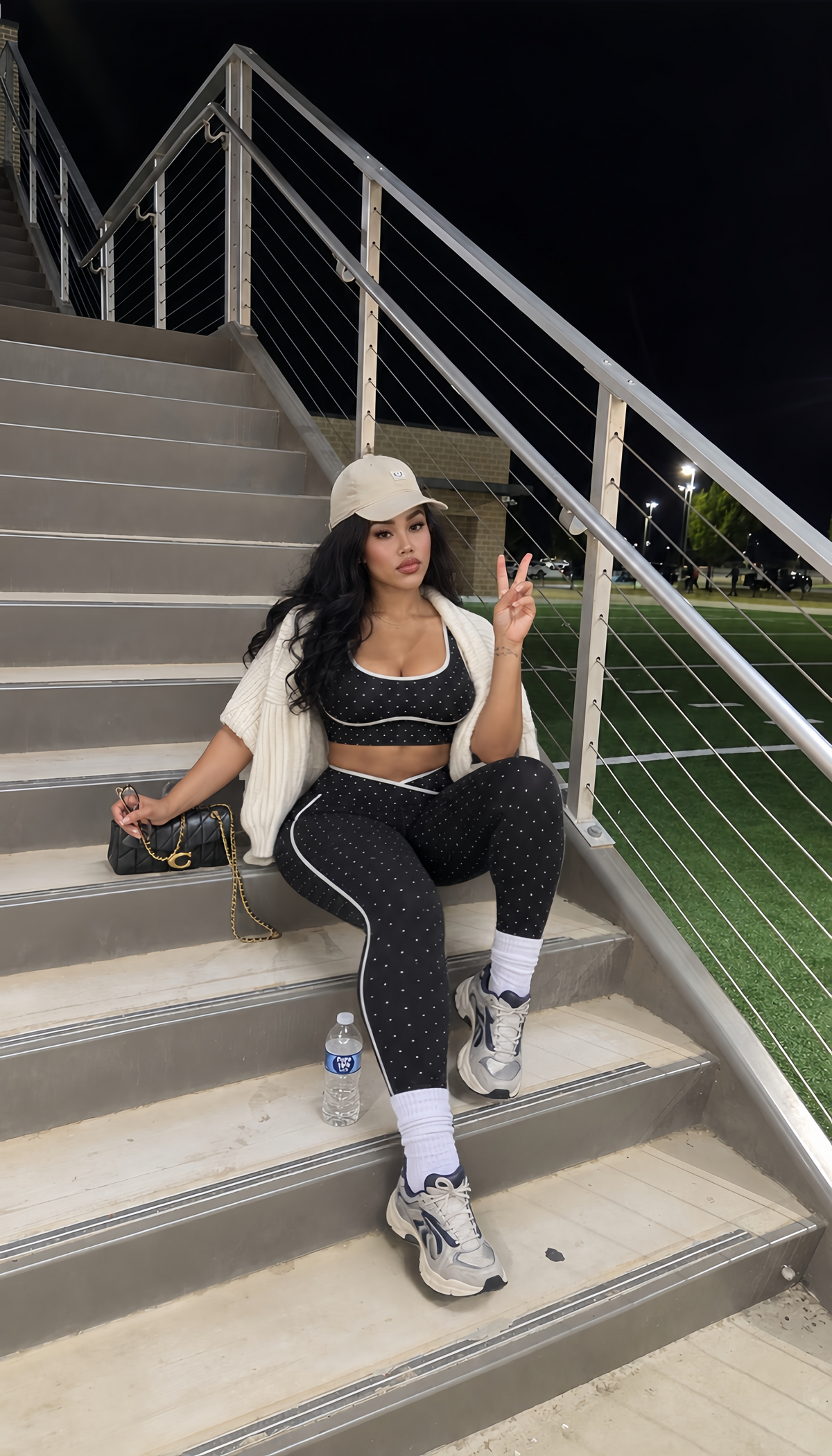 Black And White Polka Dot Print Cropped Tank Top And Criss-Cross Waist Pilates Pants  Set