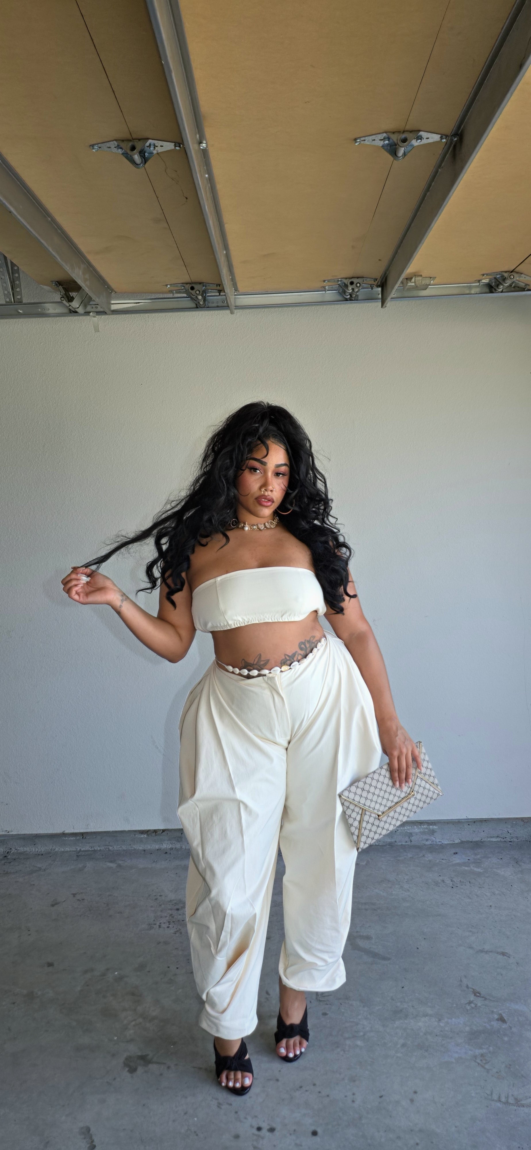 Bandeau Shirred Top with Pleated Panel Balloon Tapered Trouser